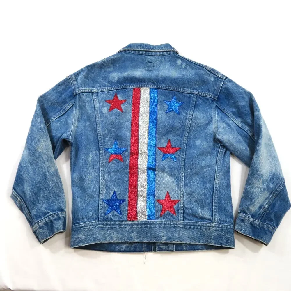 Lee Jean Denim Jacket Blue Patriotic Embellished Kids Youth Sz L American Flag